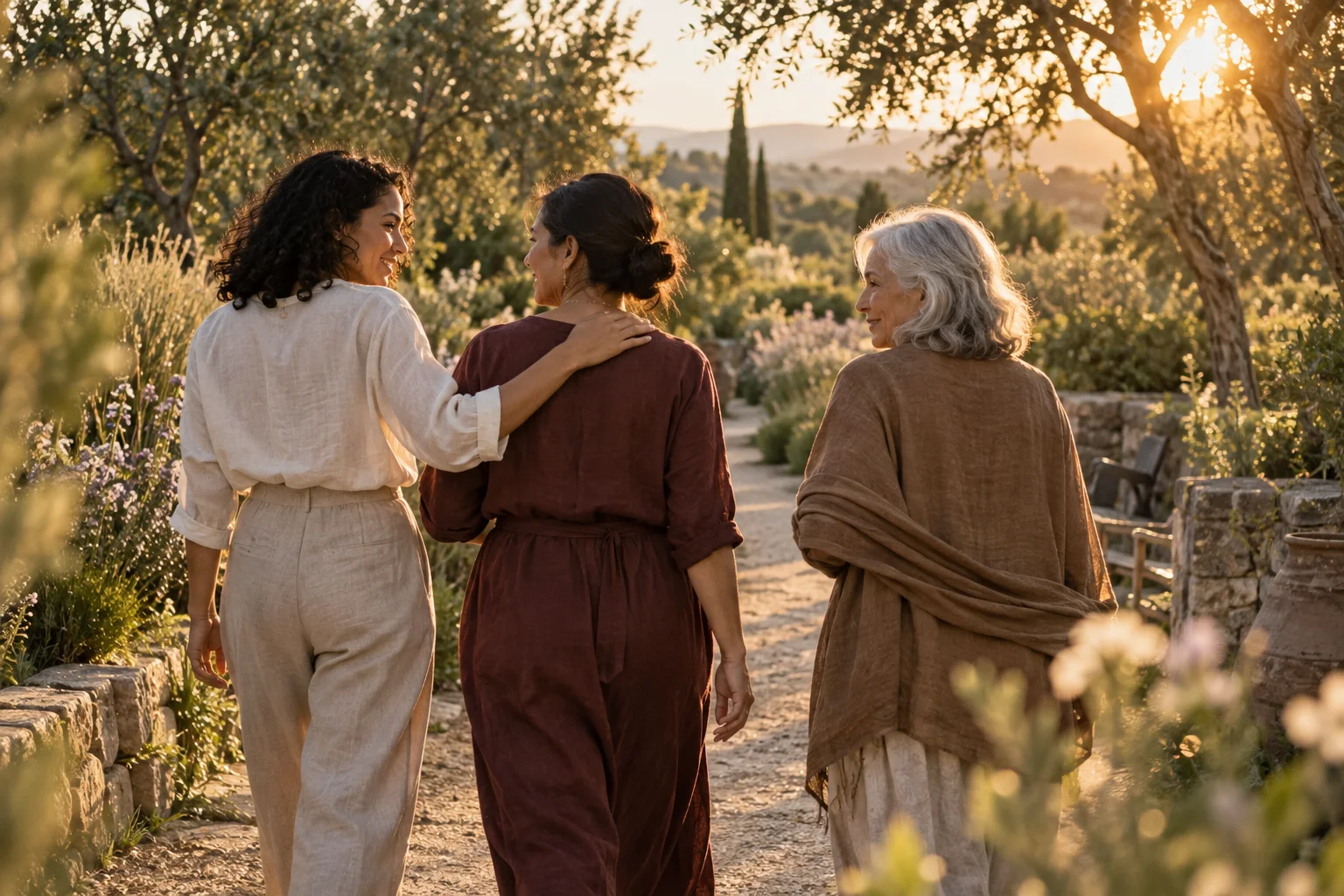 Illustrative image of women walking together in a sunlit garden