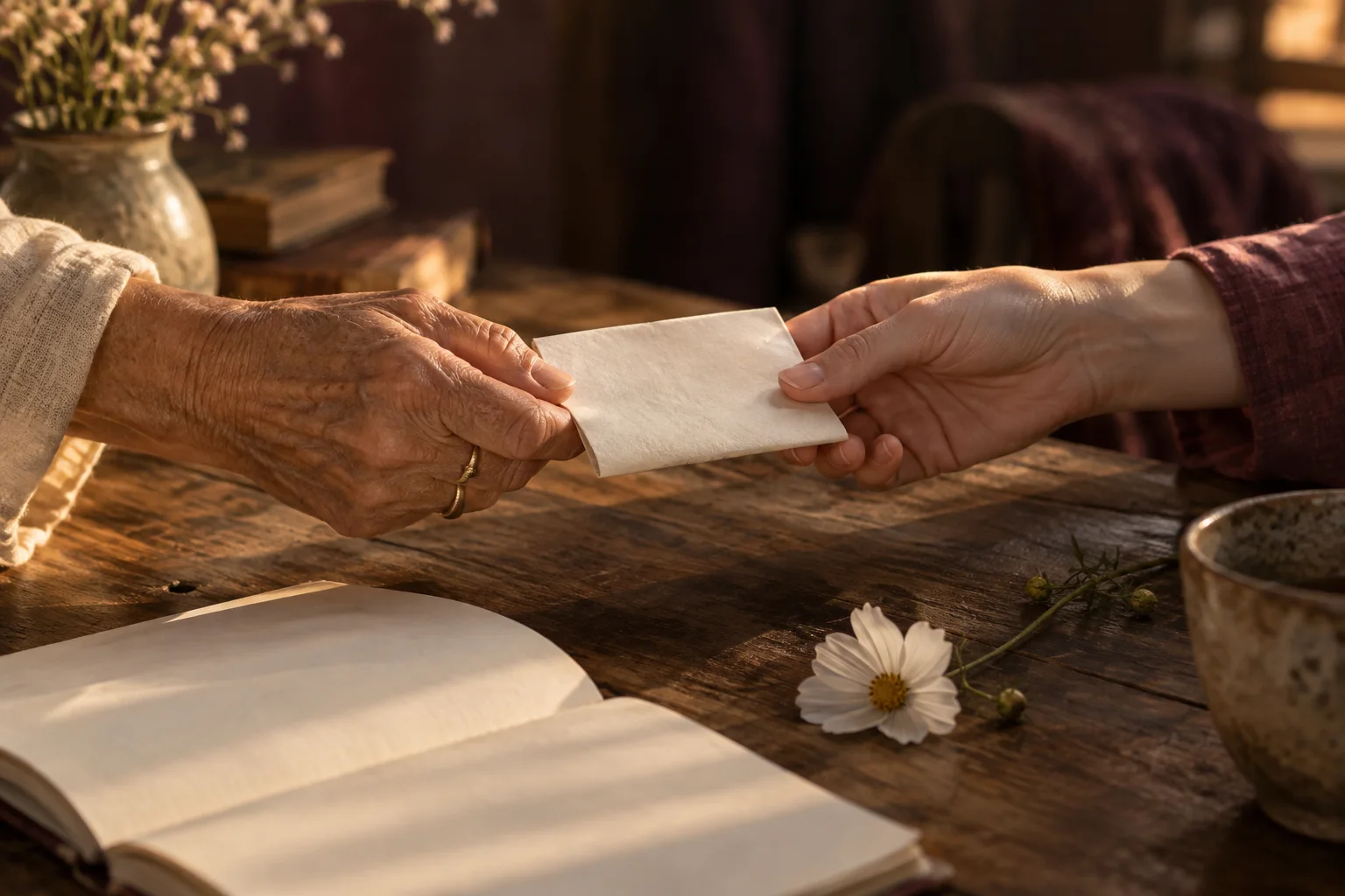 Illustrative closeup of two generations of hands sharing a folded note in warm light