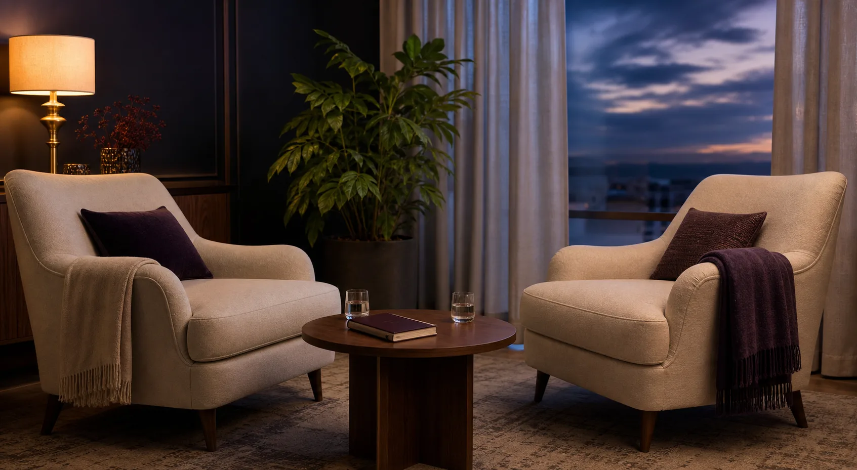 Two comfortable chairs prepared for a private guidance session