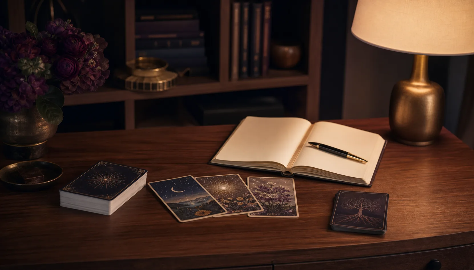 Oracle cards and an open notebook arranged for study in a warm private library